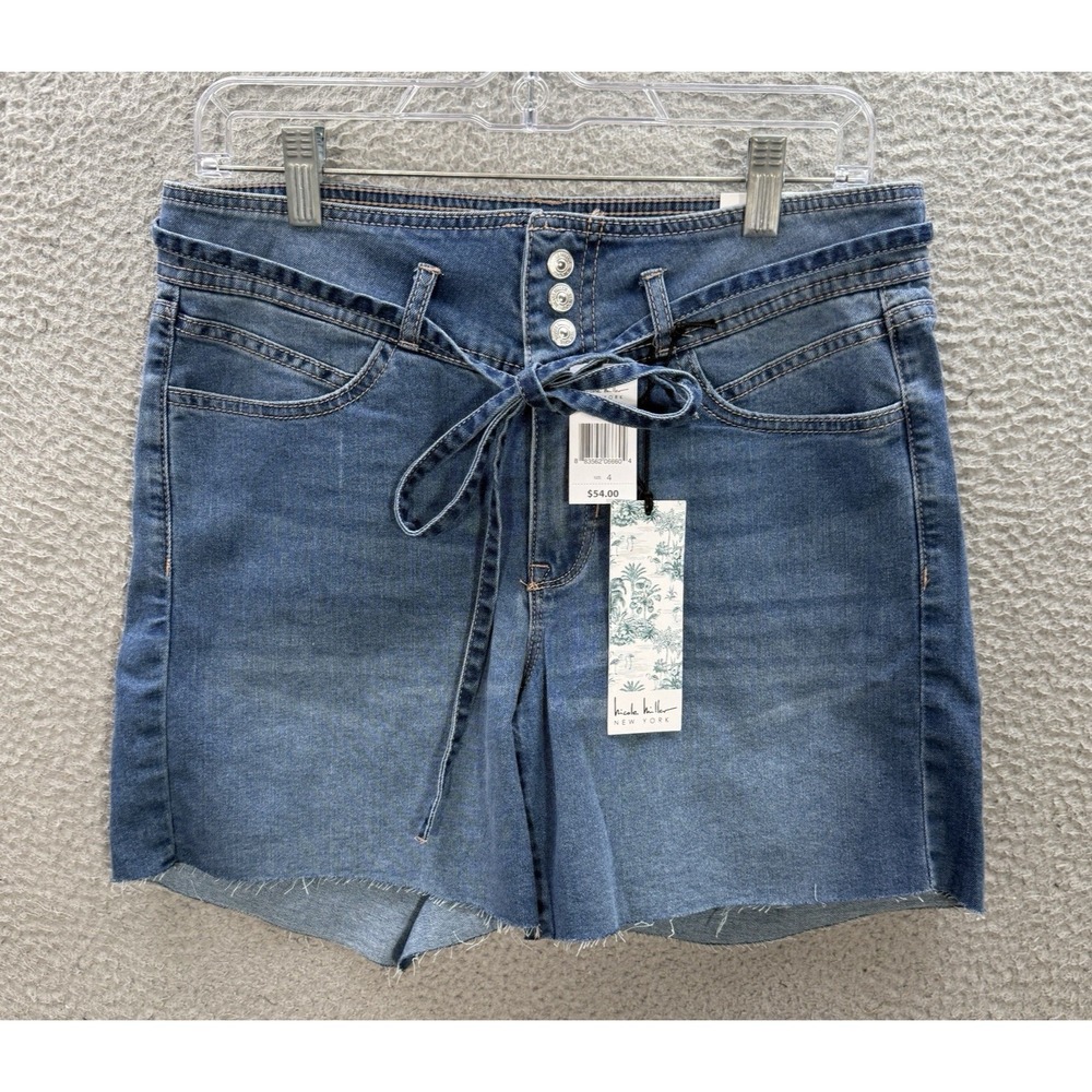 Nicole Miller Shorts Womens 4 Blue Soho High Rise Stretch Belted Distressed NEW